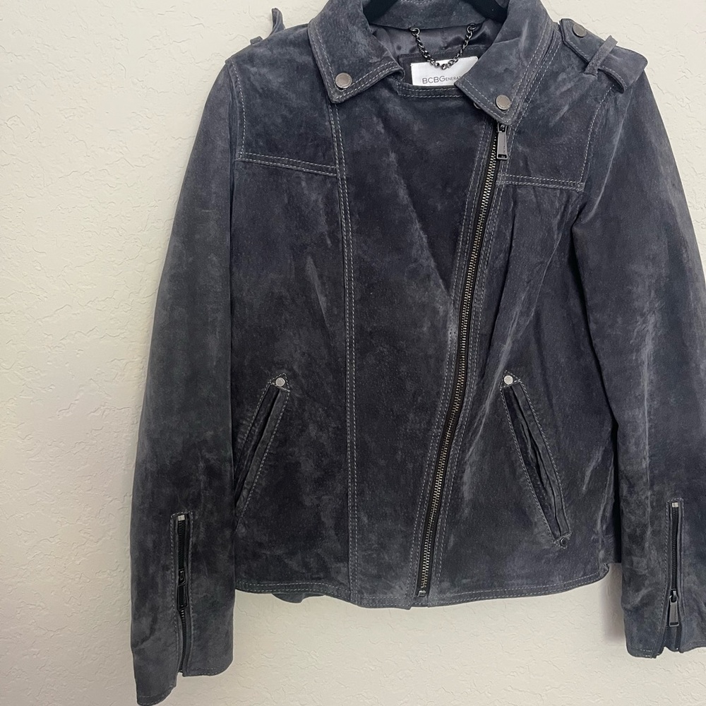 BCBG Suede Peplum Bomber Jacket- Size Large